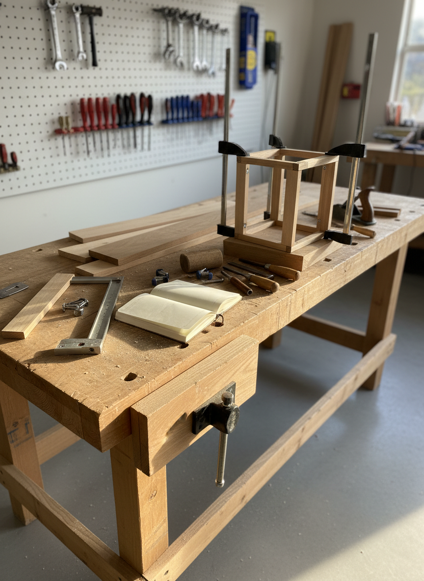A sturdy, unfinished wooden workbench covered with an organized spread of DIY project materials: raw lumber planks, a metal measuring square, open sketchless notebook pages filled only with faint pencil smudges, and a scattering of screws and clamps. In the center, a partially assembled small cabinet frame is clamped together, clearly mid-build, with visible joints and misaligned edges being corrected using simple hand tools. The scene is in a clean, modern garage workshop with concrete floors and pegboard walls holding neatly arranged tools. Soft afternoon light streams through an unseen side window, casting long, defined shadows and highlighting sawdust textures. Photographic realism, eye-level composition with a shallow depth of field focuses attention on the work-in-progress and the resourceful, no-blueprint, problem-solving atmosphere.