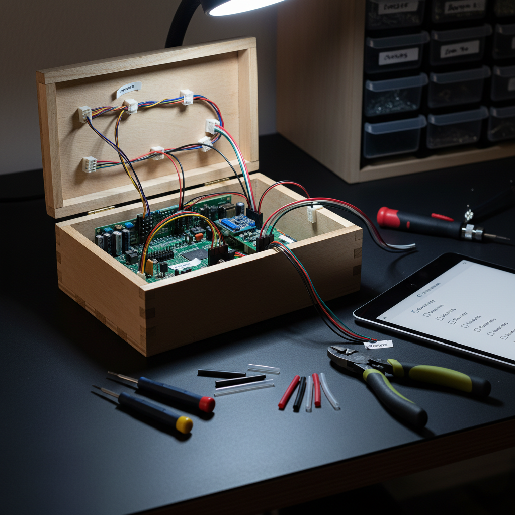 A photographic close-up of a DIY electronics or smart-home project spread across a clean, dark work surface. A partially assembled wooden control panel box sits open, revealing neatly routed wires, a small circuit board, and labeled connectors, all in mid-assembly. Around it lie precision screwdrivers, wire strippers, heat-shrink tubing, and a tablet displaying only a simple checklist rather than detailed schematics. The background fades into a softly blurred shelf of organized plastic parts drawers and labeled containers. Cool, focused LED task lighting pools on the work area, creating bright highlights on metal connectors and subtle reflections on the smooth tabletop, while the outer edges fall into gentle shadow. The mood is methodical, technical, and professional, emphasizing hands-on experimentation, troubleshooting, and resourceful problem-solving without formal blueprints.