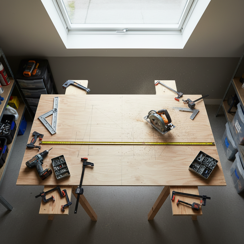 An overhead, bird’s-eye view of a DIY project in active progress: a large plywood sheet on sawhorses, carefully marked with precise pencil lines and measuring tape but no formal plans, surrounded by neatly arranged tools. There are power drills, a carpenter’s square, clamps, and assorted fasteners placed in small metal trays to suggest an efficient, professional workflow. A partially cut circular opening shows the project mid-solution, with fine sawdust radiating from the cut. The environment is a bright, well-organized home workshop with muted grey walls and labeled storage bins along the edges of the frame. Natural diffused daylight from a skylight bathes the scene, creating soft, even lighting and a calm, focused atmosphere. Photographic style, high resolution, emphasizing process, precision, and hands-on effort.