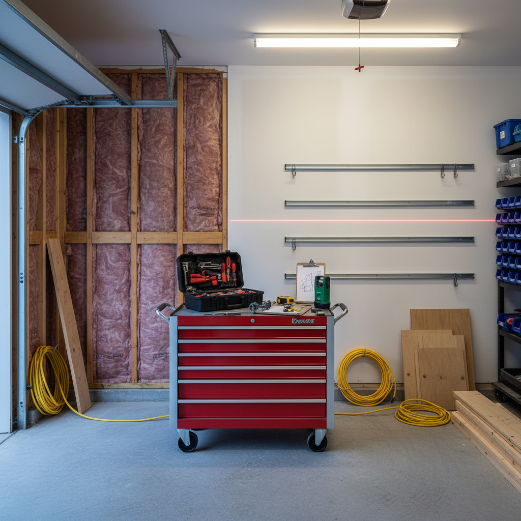 A wide, cinematic photographic shot of a partially completed DIY tiny-workspace build-out inside a compact garage. One wall is framed with exposed studs and partially installed insulation, while another shows freshly painted white drywall and mounted storage rails. In the center, a rolling tool cart holds an open toolbox, measuring tape, a laser level projecting a straight red line, and rough sketch notes on a clipboard that show only simple outlines. Coiled electrical cables, stacked lumber, and labeled hardware bins line the perimeter, conveying organized complexity and ongoing challenges being solved. Cool daylight spills in from an open garage door, mixing with warm overhead shop lights to create a balanced, professional atmosphere. Shot from a slightly low angle with deep focus, the image celebrates the transformation process and the idea of building without blueprints, just deliberate effort.